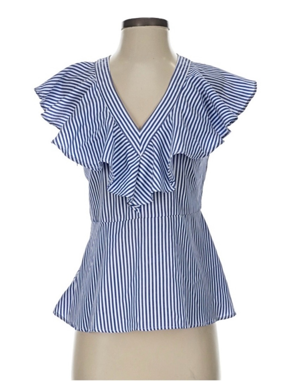 Goodnight Macaroon Blue and White Striped Ruffle V-Neck Peplum Top